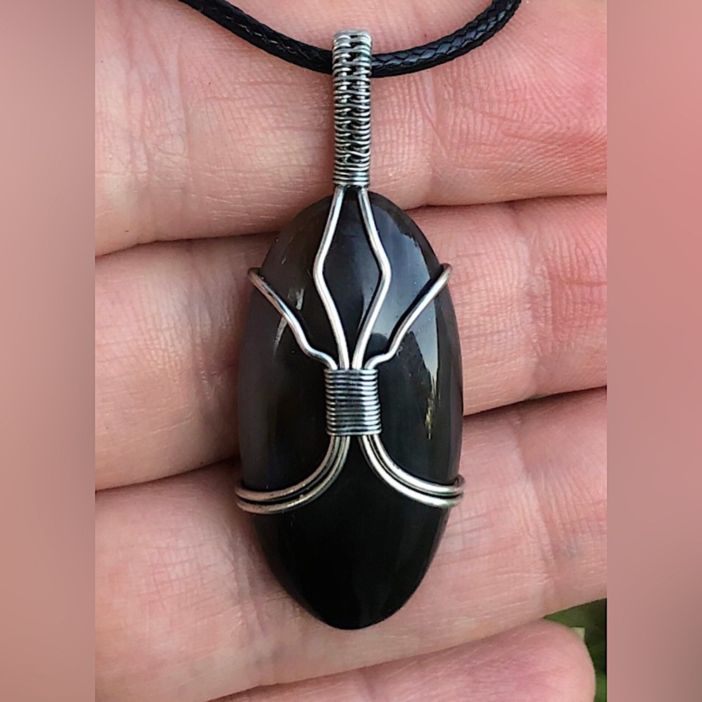 Wire Wrapped Black-Brown Onyx Pendant Necklace Handmade OOAK